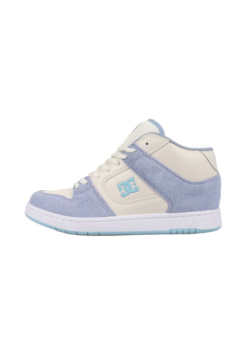 Wysokie sneakersy charakteryzujące się połączeniem jasnoniebieskiego zamszu i kremowej skóry. Podeszwa jest biała z jasnoniebieskim akcentem. Wyraźne logo po boku.