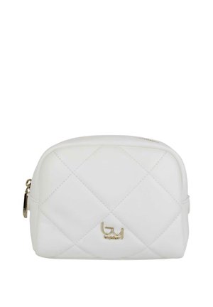 Piccola pochette cosmetica bianca trapuntata con cerniera dorata e logo del marchio in oro sul davanti.
