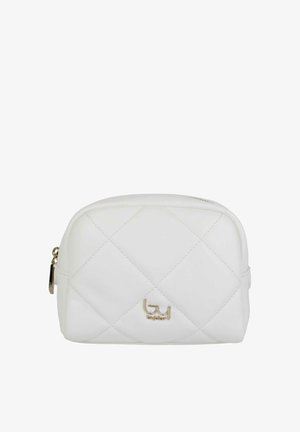 Piccola pochette cosmetica bianca trapuntata con cerniera dorata e logo del marchio in oro sul davanti.