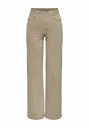 Beige høytlivs vide bukser med knapper foran, glidelås og lommer, med merkelapp på linningen "ONLY."