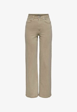 Beežid kõrge vöökohaga laiade jalgadega püksid ees oleva nupu, tõmbluku ja taskutega, vöökorral „ONLY“ brändilogoga.