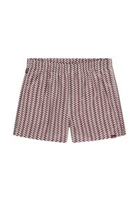 Vyriški boxeriai maroon ir off-white geometriniu raštu, pagaminti iš minkštos medžiagos su elastinga juosta, pasižymintys laisvu pritaikymu ir kvėpuojančia tekstūra.