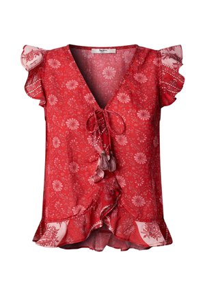 Rode korte mouwen blouse met bloemenprint, met gerimpelde mouwen en zoom, V-hals gestrikt met kwastjes.