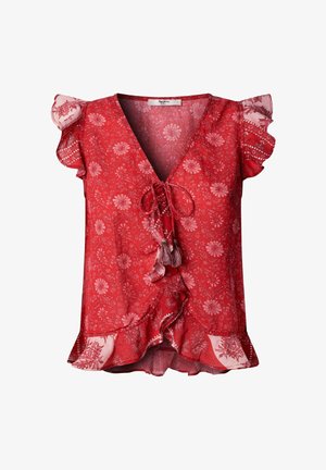 Rode korte mouwen blouse met bloemenprint, met gerimpelde mouwen en zoom, V-hals gestrikt met kwastjes.