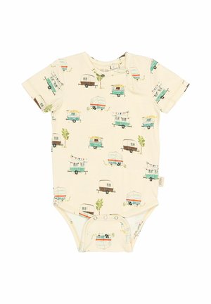 Korte mouwen baby-rompertje in crème met een patroon van kleurrijke campervans en bomen. Gemaakt van zachte stof met drukknoopsluitingen aan de onderkant.
