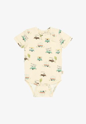 Korte mouwen baby-rompertje in crème met een patroon van kleurrijke campervans en bomen. Gemaakt van zachte stof met drukknoopsluitingen aan de onderkant.