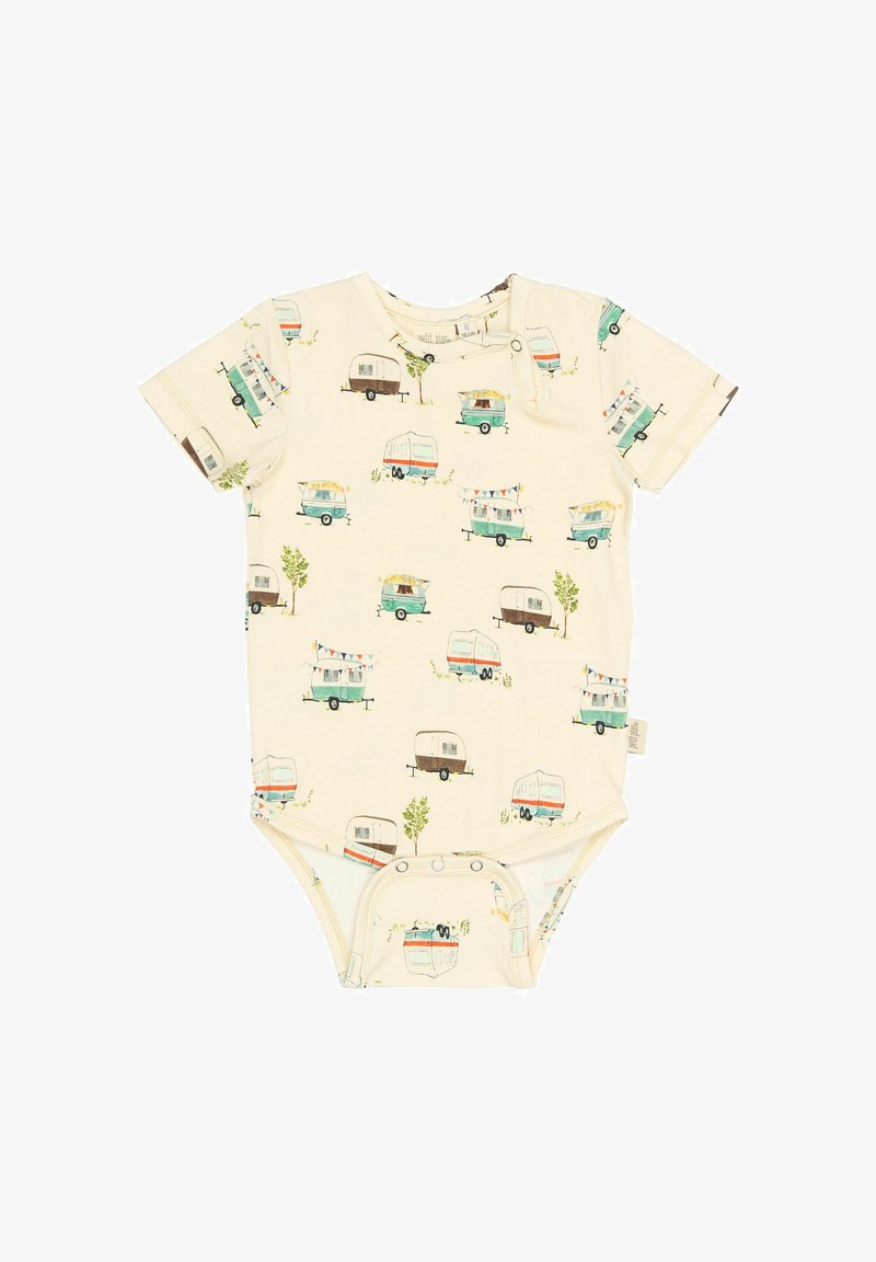 Body bébé à manches courtes en crème avec un motif de vans de camping colorés et d'arbres. Fabriqué en tissu doux avec des fermetures à pression au bas.