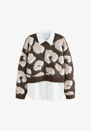 Barna és tejszínszínű leopárdmintás pulóver, alatta fehér, galléros inggel. Puha tapintású és cropped fazonú, bordás mandzsettákkal.