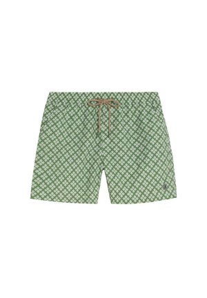 Bañador corto verde con patrón floral blanco, cintura elástica, cordón marrón y pequeño logo redondo en la pierna izquierda.