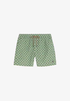 Bañador corto verde con patrón floral blanco, cintura elástica, cordón marrón y pequeño logo redondo en la pierna izquierda.