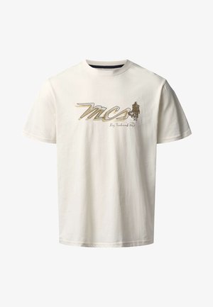 Camiseta de algodón crema de manga corta con un logo gráfico dorado y texto en el frente. Cuello redondo clásico con un ajuste relajado.