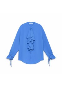 Blusa blu in tessuto liscio, con volant sul davanti, chiusura con bottoni e maniche elasticizzate con laccetti per la regolazione.