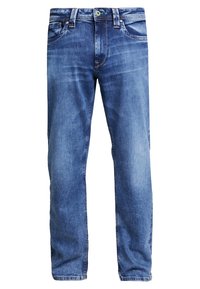 Blaue Jeans aus Denim mit geradem Bein, ausgestattet mit klassischem Fünf-Taschen-Design, leichter Ausbleichung und einem Einzelknopfverschluss am Bund.