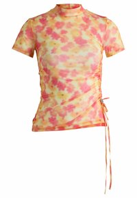 Short-sleeve t-shirt in mesh fabric featuring a floral pattern in pink and yellow, with side ruching and adjustable tie detail.