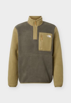 Zweifarbiger Fleecepullover in Oliv und Beige, mit Viertel-Reißverschluss vorne und Reißverschlusstasche auf der Brust mit The North Face Logo.