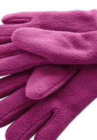 Gants en polaire de couleur rose vif. Présentent une texture douce, un design à cinq doigts et un ajustement confortable. Les détails incluent des coutures surélevées et des bouts de doigts arrondis.