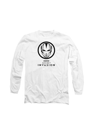 White long-sleeve t-shirt featuring a circular black graphic with an alien face and the text "MARVEL STUDIOS SECRET INVASION" below.