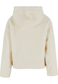 Kremfarvet fleece hoodie med tekstureret overflade, hætte og lange ærmer, med cropped design og uden synlige lukninger.