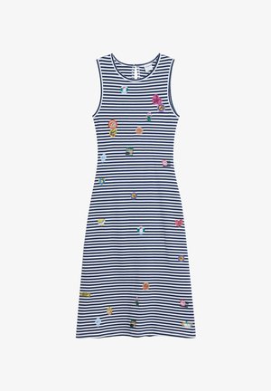 Raidallinen hihaton mekko tummansinisessä ja valkoisessa, jossa on erilaisia värikkäitä brodeerattuja kohtia. Laskostettu siluetti, pyöreä pääntie, pehmeä kangas.