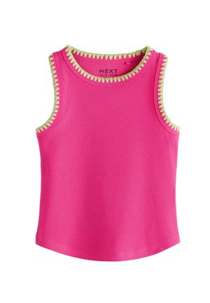 Bright pink sleeveless ribbed top with round neck, featuring light green zigzag trim along neckline and armholes.