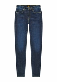 Mörkblå denimjeans med slim fit. Funktioner inkluderar fem fickor, gula sömmar, en framknappstängning och en läderetikett på midjan.