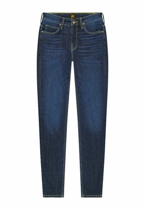 Mørkeblå denimjeans med slim fit. Funktioner omfatter fem lommer, gul syning, en frontknaplukning samt et lædermærke på taljen.