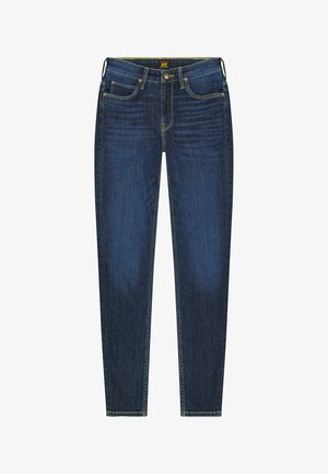 Mørkeblå denimjeans med slim fit. Funktioner omfatter fem lommer, gul syning, en frontknaplukning samt et lædermærke på taljen.