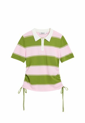 Polo a maniche corte a righe rosa e verdi con colletto bianco e coulisse laterali.