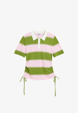 Polo a maniche corte a righe rosa e verdi con colletto bianco e coulisse laterali.
