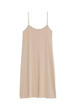 Abito slip senza maniche in colore nudo, realizzato in tessuto morbido, con scollatura in pizzo a forma ondulata e un design a trapezio per una vestibilità rilassata.