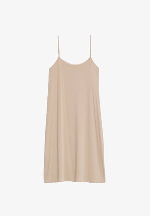 Nude Spaghetti-Träger-Nachthemd aus glattem Material, mit einem gewellten Spitzenausschnitt und einer A-Linie für eine lockere Passform.