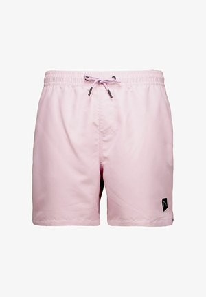 Šviesiai rožinės spalvos maudymosi šortai su elastinga juosmens juosta ir priekinėmis raištelėmis, kairėje kojoje esančia maža juoda logotipo žyma.