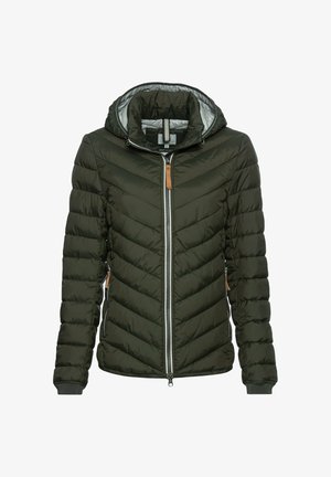 Dunkelgrüne Steppjacke mit Kapuze, Zickzack-gestepptem Design, zwei seitlichen Taschen, silbernem Reißverschluss und einem Beige-Lederakzent am Kragen.