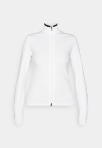 Balta zip-up striukė su aukštu apykaklė, prigludusi forma, tekstūruota viršutinė dalis su subtiliu raštu ir ilgomis rankovėmis. Užtrauktukas priekyje.