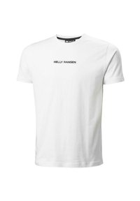 Camiseta de algodón blanca con mangas cortas, cuello redondo y texto negro "HELLY HANSEN" en el pecho. Diseño simple y clásico.