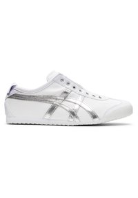 White canvas sneaker with silver accents, featuring a low-top design, round toe, flat rubber sole, and six eyelet lace-up closure.
