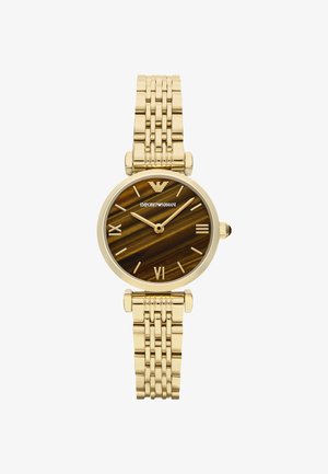 Armbanduhr mit goldfarbenem Gliederarmband, braunem Tigerauge-Zifferblatt, goldfarbenen römischen und Stab-Stundenmarkierungen sowie Emporio Armani-Logo bei 12 Uhr.