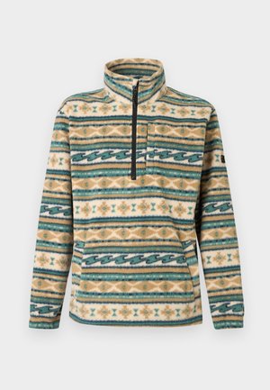 Flis pulover z zadrgo na ovratniku, prsnim žepom, kengurujim žepom in horizontalnimi črtami v bež, modro-zeleni, beli ter rjavi geometrijski vzorci.