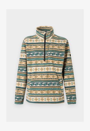 Polár pulóver cipzáras gallérral, mellzsebbel, kenguruzsebbel és bézs, türkiz, fehér és barna geometriai mintás vízszintes csíkokkal.
