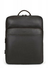 Zaino in pelle marrone con una superficie liscia, forma rettangolare, maniglia superiore e tasca frontale con zip. Design minimalista senza decorazioni.