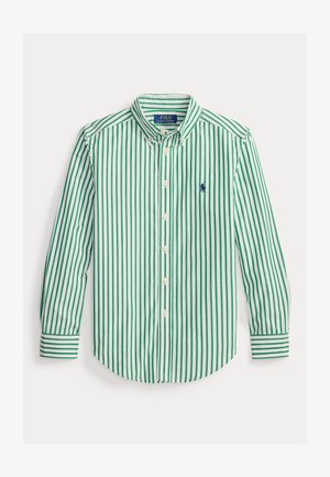 Žaliai ir baltai dryžuotas ilgomis rankovėmis marškinėlis su sagomis apykaklėje, kairėje krūtinės pusėje nedidelis tamsiai mėlynas logotipas ir rankogalių akcentai.