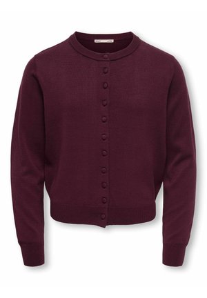 Cardigan violet foncé à manches longues avec col rond et boutons recouverts de tissu sur le devant, poignets et ourlet côtelés.