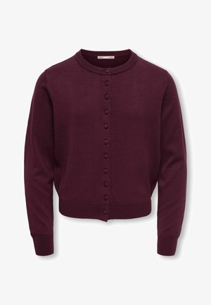 Mørkelilla cardigan med lange ærmer, rund hals og stofbetrukne knapper foran, ribmanchetter og ribkant forneden.
