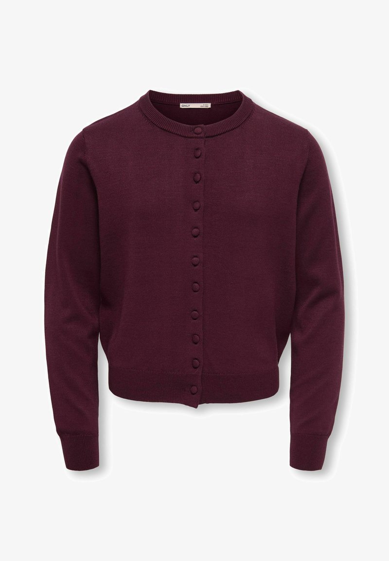 Cardigan violet foncé à manches longues avec col rond et boutons recouverts de tissu sur le devant, poignets et ourlet côtelés.