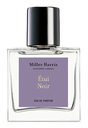 Klarer Glasparfümflakon mit schwarzem Deckel; verfügt über ein lila Etikett mit "Miller Harris Étuí Noir" in goldener Schrift.
