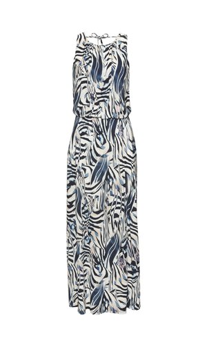Mouwloze maxijurk met zwarte, witte en blauwe abstract zebraprint en een striksluiting bij de hals.