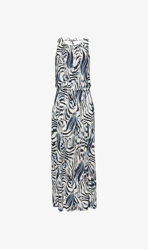 Mouwloze maxijurk met zwarte, witte en blauwe abstract zebraprint en een striksluiting bij de hals.