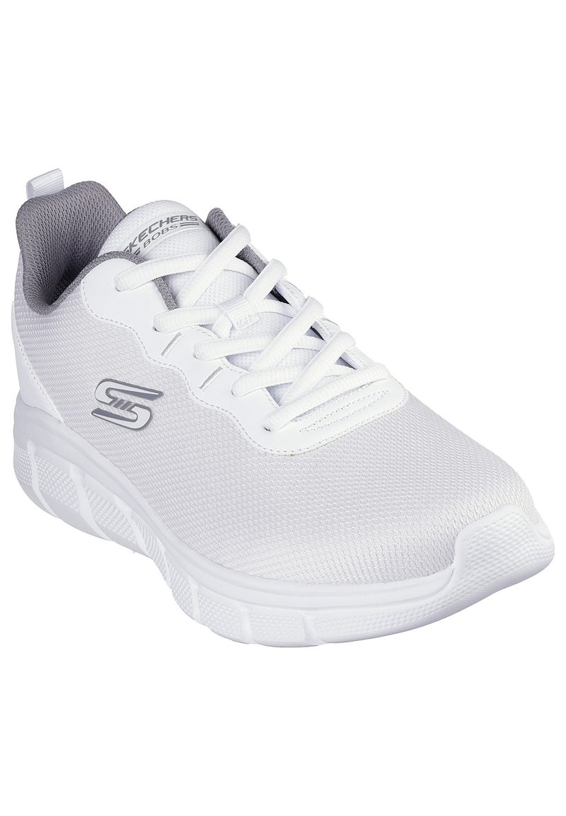 Weiße Sportsneaker mit Obermaterial aus Mesh, Schnürdesign, gepolstertem Kragen und strukturiertem Sohle. Verfügt über dezente graue Akzente und Logo.