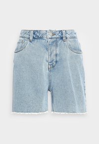 Vaaleansiniset farkkushortsit, joissa on repaleinen helma, viisi taskua, napitus ja eriväriset ompeleet. Klassinen rento muotoilu.