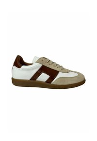 Brown and white sneaker featuring a suede and leather upper, round toe, lace-up design, and textured rubber sole.